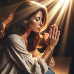 A woman praying with rays of light on her